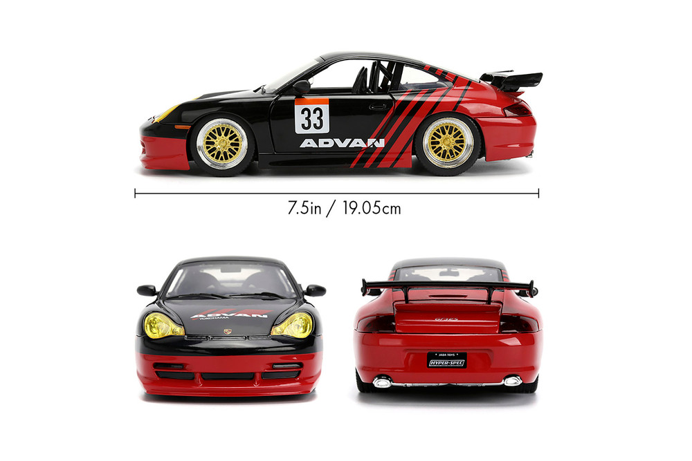 Porsche 911 GT3 RS (996) #33 ADVAN, Black/Red - Jada Toys 36371 - 1/24 Scale Diecast Model Toy Car