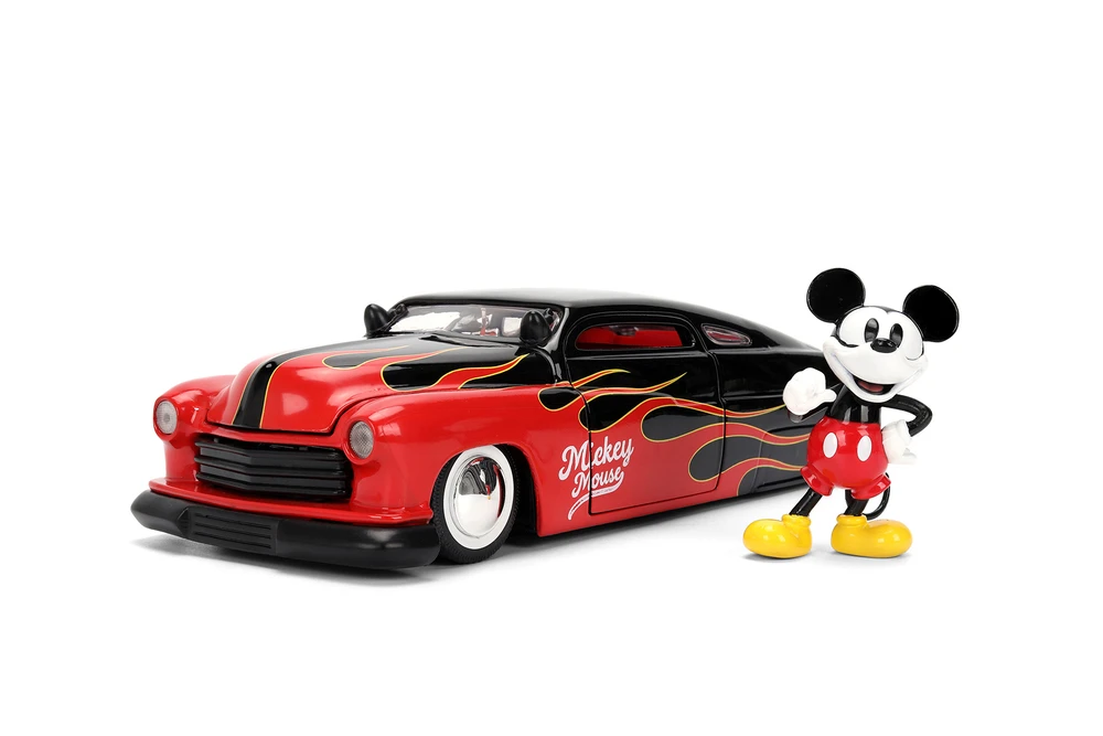 Disney 1951 Mercury w/Vintage Mickey Mouse Figure, Black w/Red Flames - Jada Toys 36272 - 1/24 Scale Diecast Model Toy Car