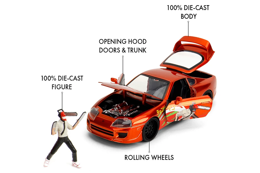2022 Toyota Supra w/Chainsaw Man Diecast Figure, Orange - Jada Toys 35181 - 1/24 Scale Diecast Model Toy Car