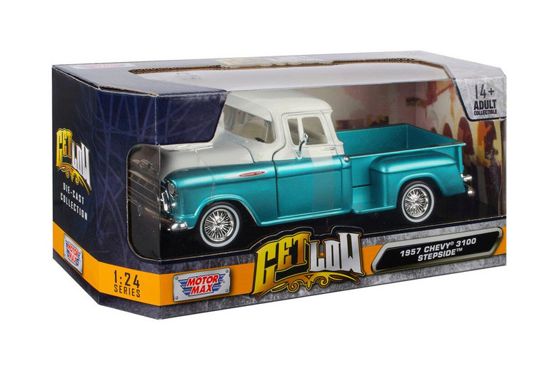 1957 Chevy 3100 Stepside Pickup Truck, Turquoise /White - Motor Max 79032WL - 1/24 Scale Diecast Model Toy Car