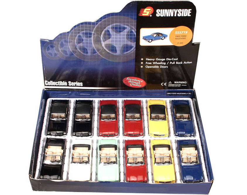 Box of 12 1965 Ford Mustang Top UP/Down, Assorted - Sunnyside 5719 - 1/34 Scale Diecast Model Toy Cars