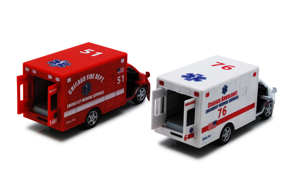 Box of 12 Chicago Rescue Team Ambulance, ASSTD - Kinsmart 5259DCG - 5" Scale Diecast Model Toy Cars