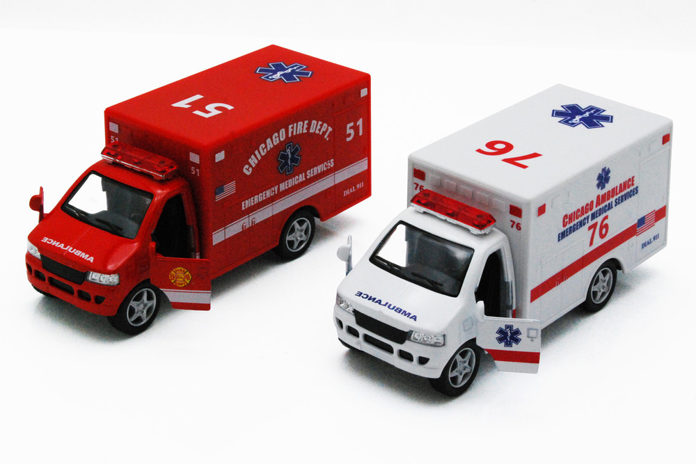 Box of 12 Chicago Rescue Team Ambulance, ASSTD - Kinsmart 5259DCG - 5" Scale Diecast Model Toy Cars