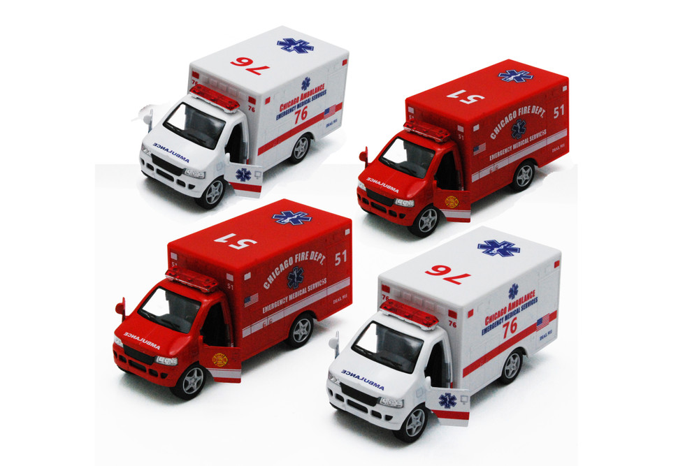 Box of 12 Chicago Rescue Team Ambulance, ASSTD - Kinsmart 5259DCG - 5" Scale Diecast Model Toy Cars