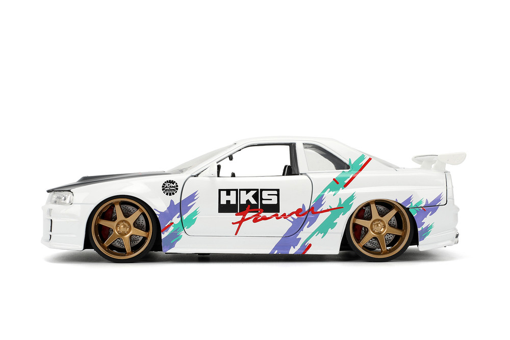 2002 Nissan Skyline GT-R (R34) "HKS Power", White - Jada Toys 36339 - 1/24 Scale Diecast Model Toy Car