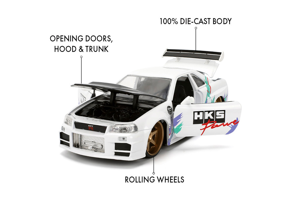 2002 Nissan Skyline GT-R (R34) "HKS Power", White - Jada Toys 36339 - 1/24 Scale Diecast Model Toy Car