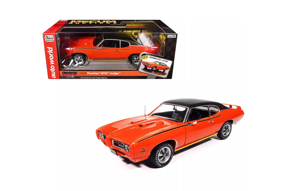 1969 Pontiac GTO Judge "Mecum Auctions", Carousel Red /Black Top - Auto World AMM1351 - 1/18 Scale Diecast Model Toy Car