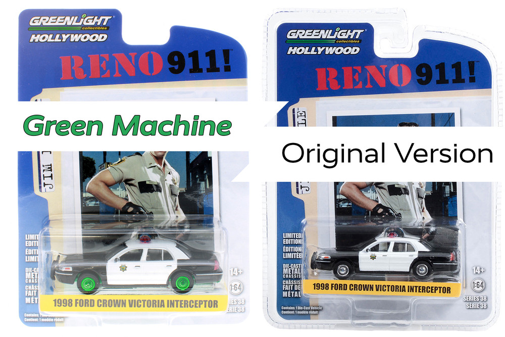GREEN MACHINE 1998 Ford Crown Victoria Police Interceptor, Reno 911! - Greenlight 44980B - 1/64 Scale Diecast Car