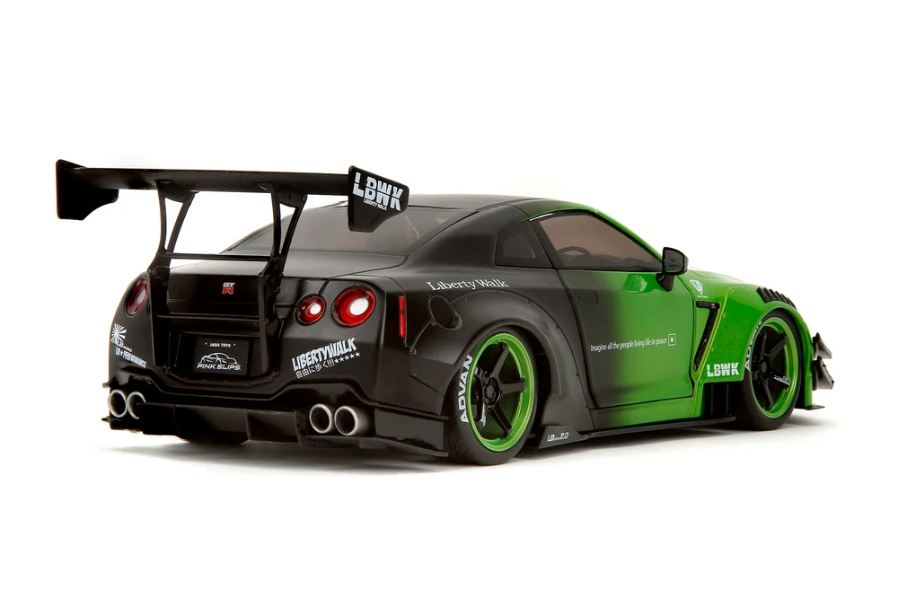 Nissan GT-R (R35) w/Liberty Walk Body Kit 2.0 & Display Base, Green/Black - Jada Toys 35724 - 1/18 Scale Diecast Model Toy Car
