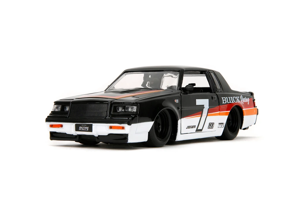 1987 Buick Grand National #7 "Buick Racing", Black/White w/Red/Orange Stripes - Jada Toys 35864 - 1/24 Scale Diecast Model Toy Car
