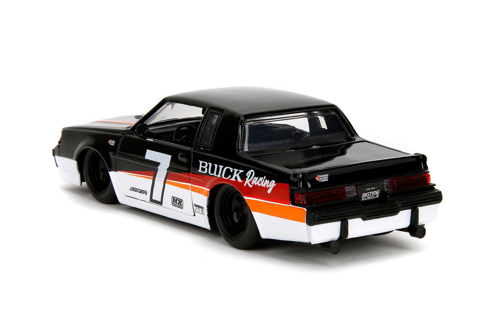 1987 Buick Grand National #7 "Buick Racing", Black/White w/Red/Orange Stripes - Jada Toys 35864 - 1/24 Scale Diecast Model Toy Car