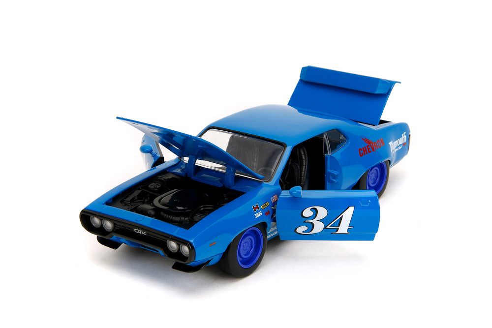 1972 Plymouth GTX #34 Hardtop, Blue - Jada Toys 35218 - 1/24 Scale Diecast Model Toy Car