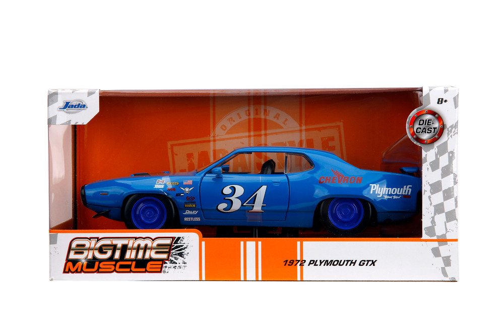 1972 Plymouth GTX #34 Hardtop, Blue - Jada Toys 35218 - 1/24 Scale Diecast Model Toy Car