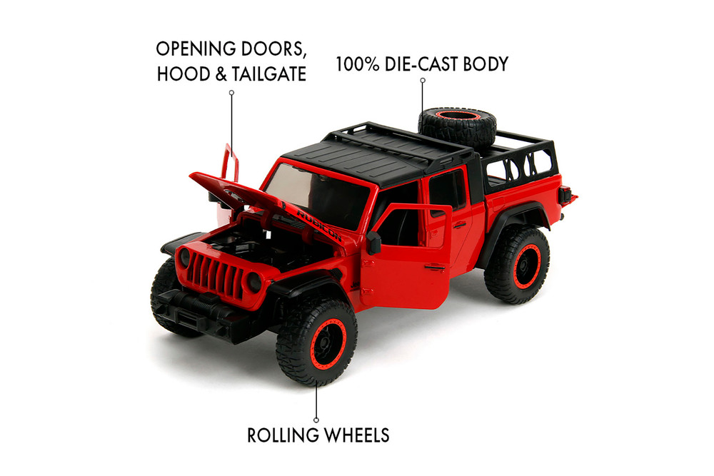 2020 Jeep Gladiator Rubicon Pickup Truck w/Roof Rack & Extra Wheels, Red - Jada Toys 34190 - 1/24 Scale Diecast Model Toy Car