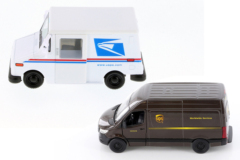 UPS/USPS Carrier Van 2 Pack, Brown/White - Kinsmart 5430D-5112D - 1/34 Scale Diecast Model Toy Cars