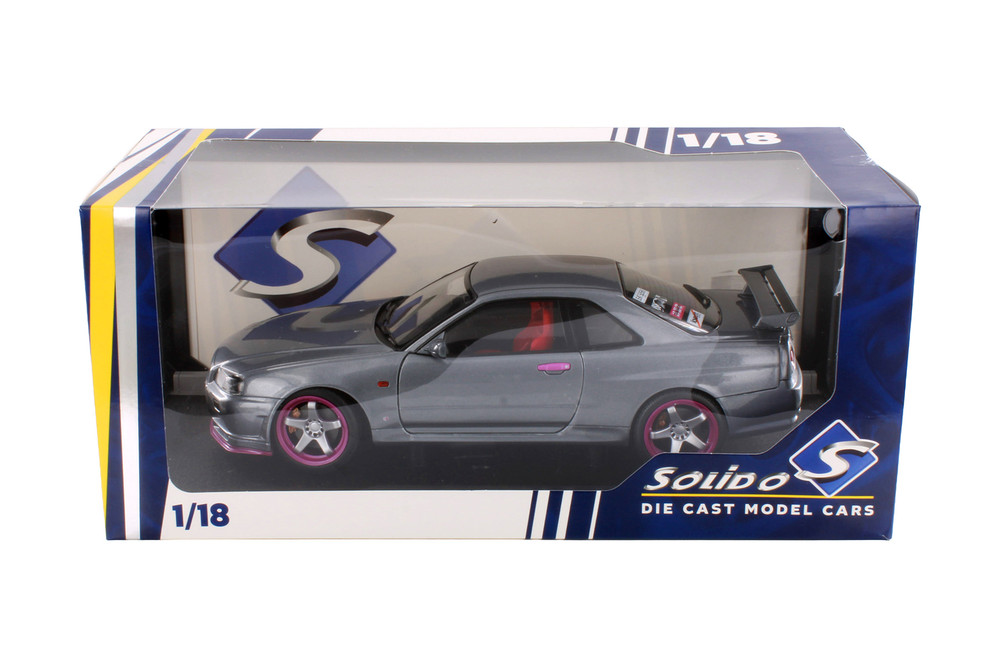 1999 Nissan Skyline (R34) GT-R Hardtop, Silver w/Purple Accents - Solido S1804310 - 1/18 Scale Diecast Model Toy Car