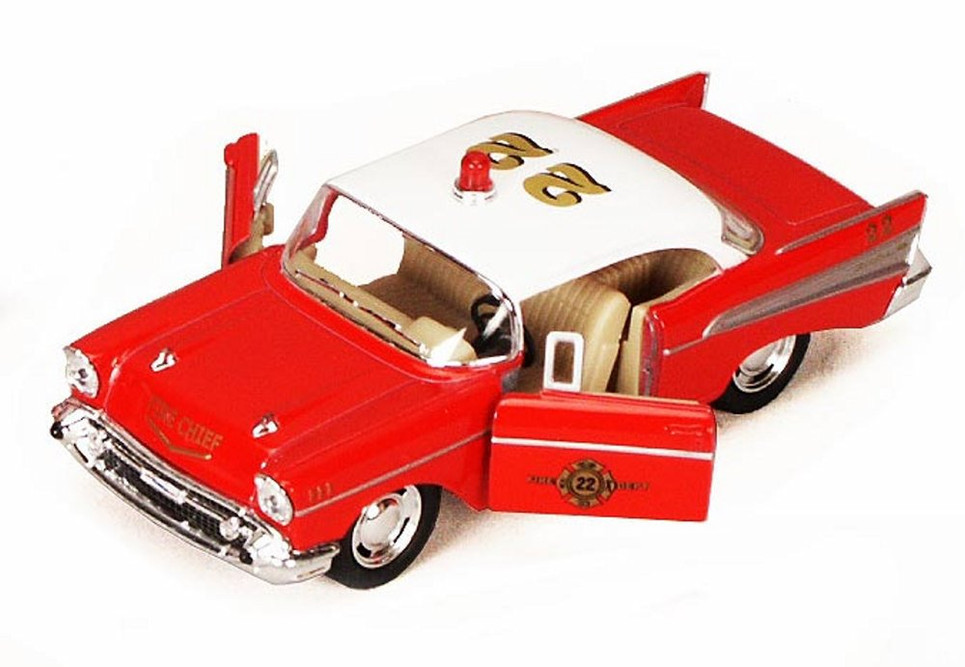 1957 Chevrolet ミニカー 2台セット ファイヤーパターン 1957 Chevy Bel Air Fire Chief, Red - Kinsmart 5323D - 1/40 Diecast