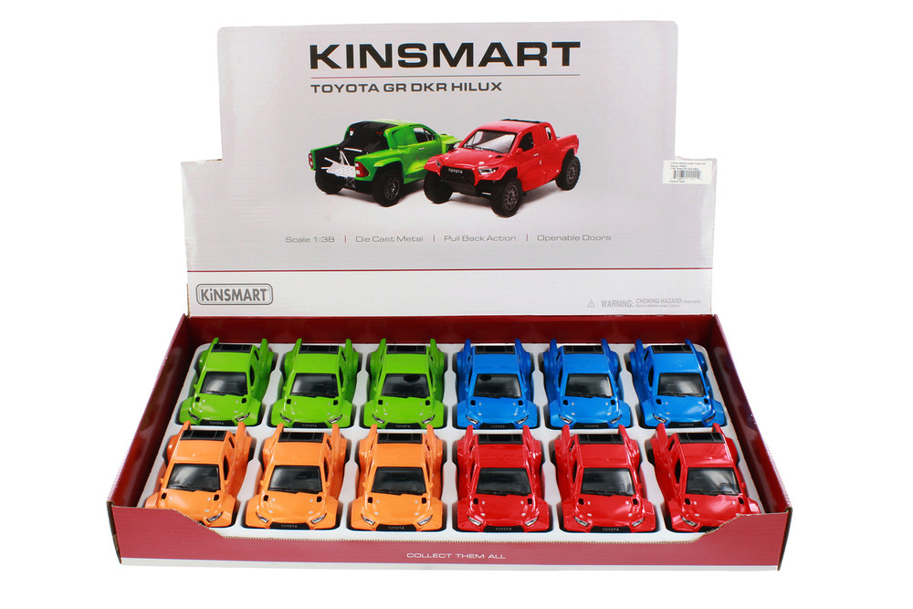 Box of 12 Toyota GR DKR Hilux Pickup Truck, ASSTD - Kinsmart 5468D
