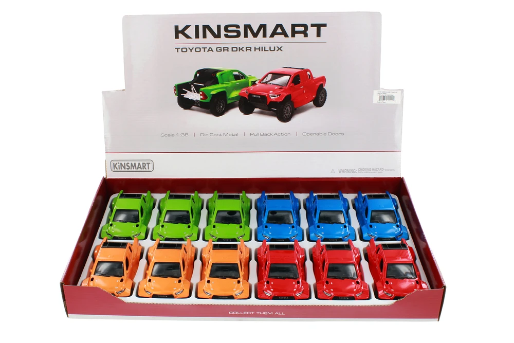 Box of 12 Toyota GR DKR Hilux Pickup Truck, ASSTD - Kinsmart 5468D - 1/38 Scale Diecast Model Toy Cars