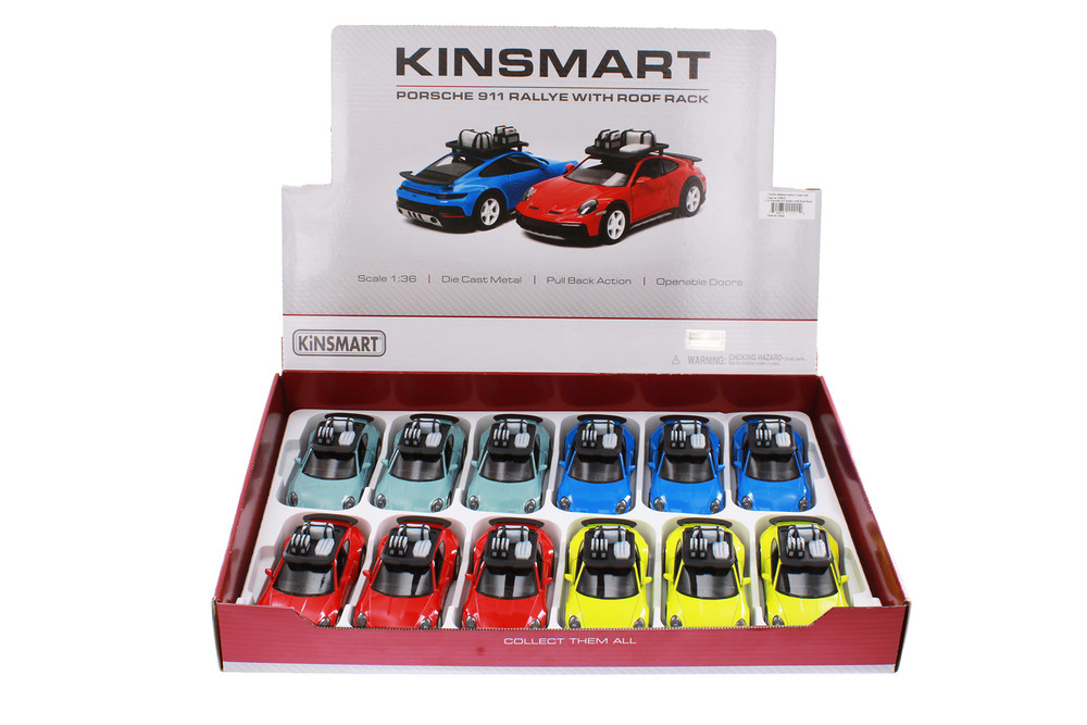 Box of 12 Porsche 911 Rallye w/Roof Rack, ASSTD - Kinsmart 5481D - 1/36 Scale Diecast Model Toy Cars