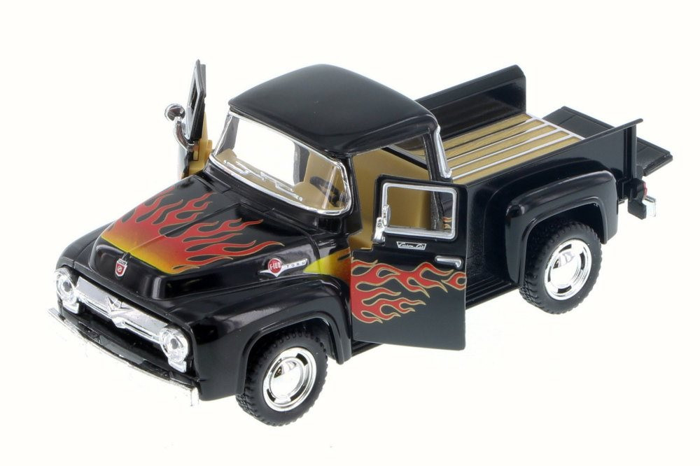 1956 Ford F-100 Pickup Truck, Black w/ Flames - Kinsmart 5385DF - 1/38 Scale Diecast Model Toy Car