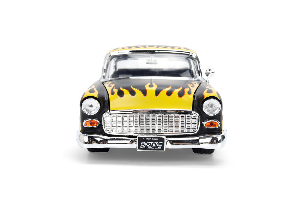 1955 Chevy Bel Air "BTM Social Club", Black w/Yellow Flames - Jada Toys 36606 - 1/24 Scale Diecast Model Toy Car