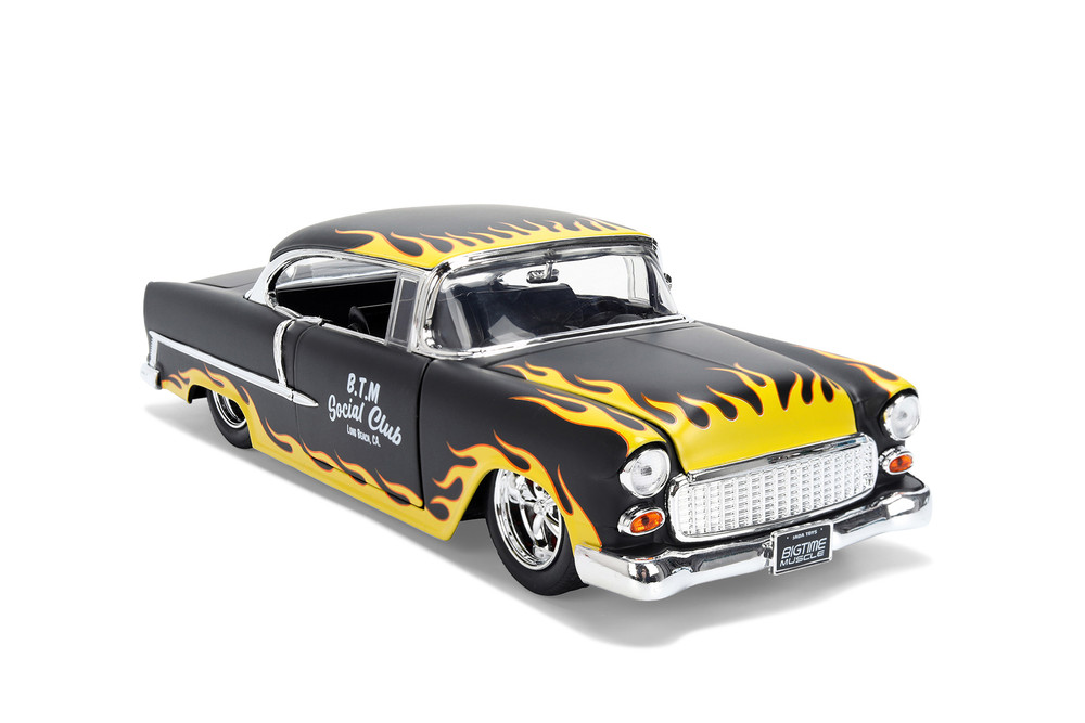 1955 Chevy Bel Air "BTM Social Club", Black w/Yellow Flames - Jada Toys 36606 - 1/24 Scale Diecast Model Toy Car