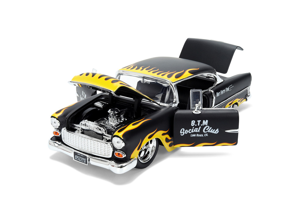 1955 Chevy Bel Air "BTM Social Club", Black w/Yellow Flames - Jada Toys 36606 - 1/24 Scale Diecast Model Toy Car