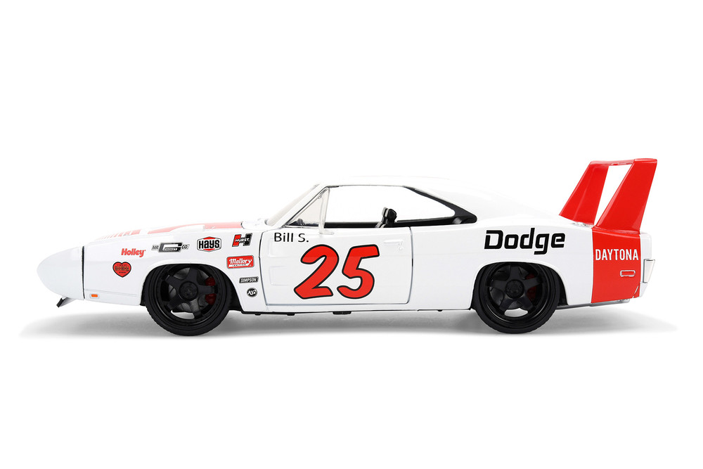 1969 Dodge Charger Daytona #25, White w/Red Stripes - Jada Toys 36608 - 1/24 Scale Diecast Model Toy Car