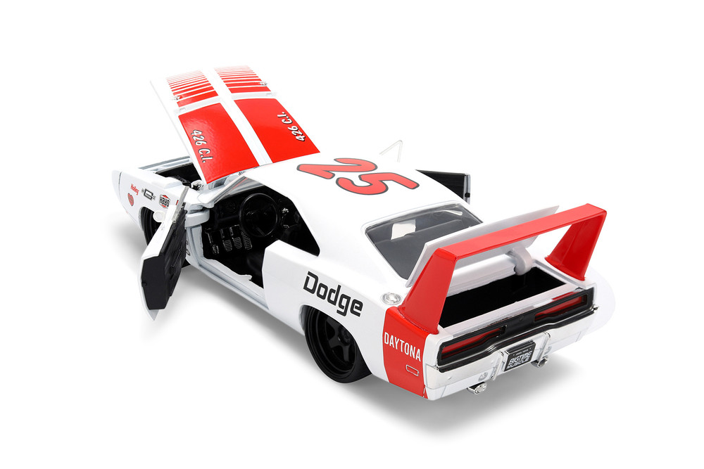 1969 Dodge Charger Daytona #25, White w/Red Stripes - Jada Toys 36608 - 1/24 Scale Diecast Model Toy Car