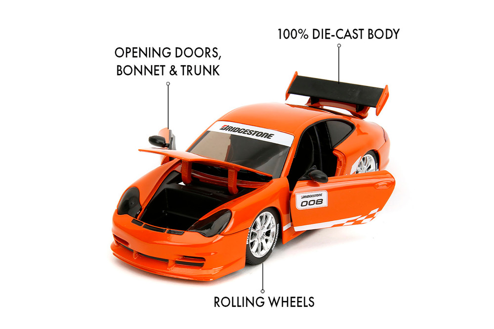Porsche Carrera 911 GT3 RS (996) #008 "Bridgestone", Orange - Jada Toys 35138 - 1/24 Scale Diecast Model Toy Car