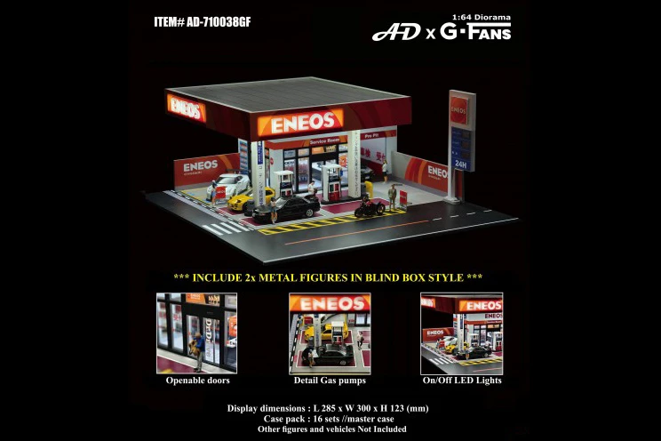 Japan Gas Station w/LED Lights and 2 Figure Set, ASSTD - American Diorama AD-710038GF - 1/64 Scale Figurine - Diorama Accessory