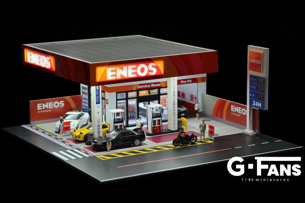 Japan Gas Station w/LED Lights and 2 Figure Set, ASSTD - American Diorama AD-710038GF - 1/64 Scale Figurine - Diorama Accessory