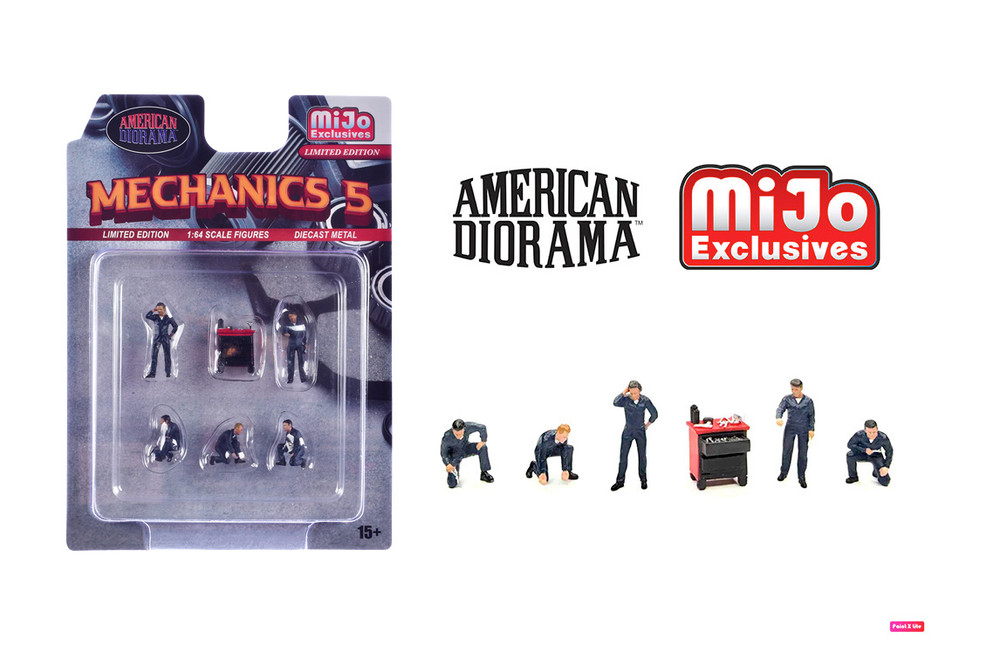 "Mechanics 5" 6pc Figure Set, ASSTD - American Diorama AD-2435MJ - 1/64 Scale Figurine - Diorama Accessory