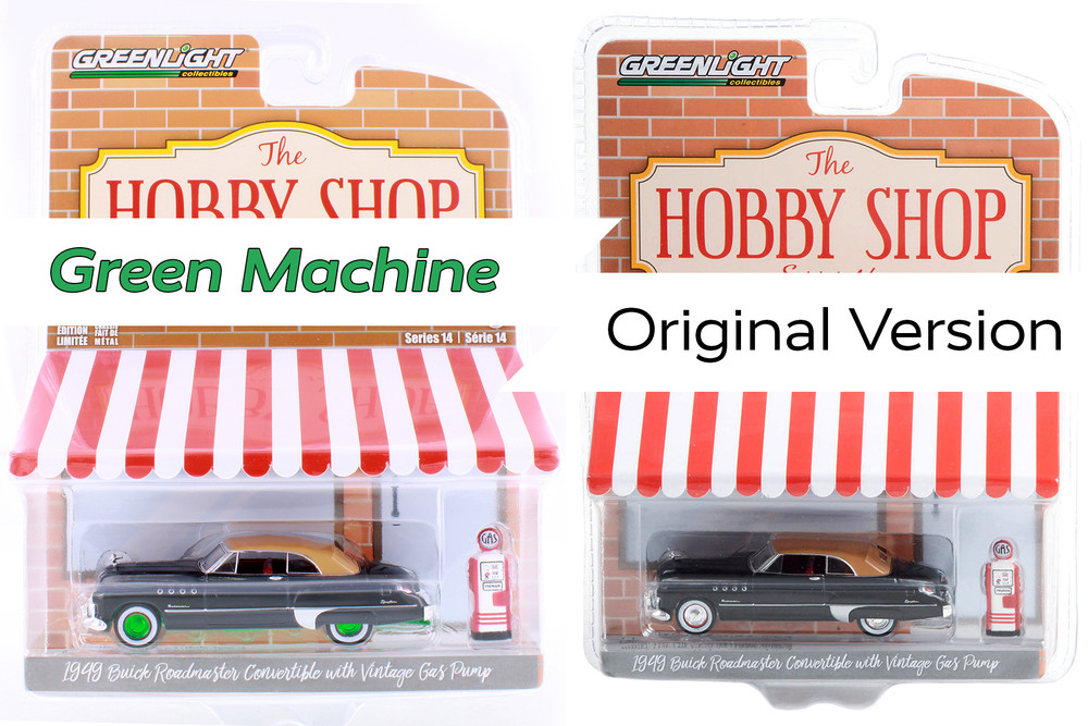 GREEN MACHINE 1949 Buick Roadmaster w/ Vintage Gas Pump, Black - Greenlight 97140A - 1/64 Scale Diecast Car