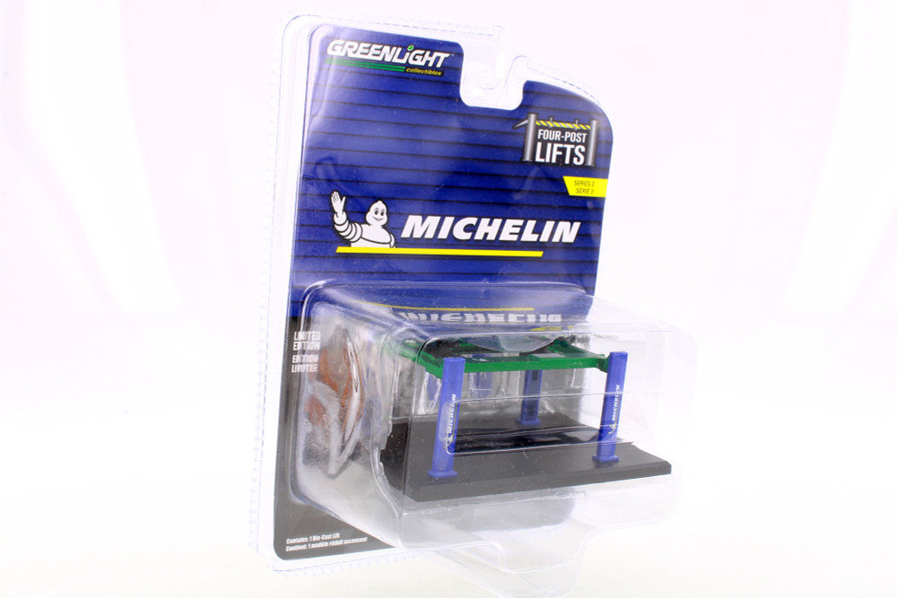Four-Post Lift - Michelin Tires, Blue/Yellow - Greenlight  R-23735 - 1/64 scale Diecast Accessory