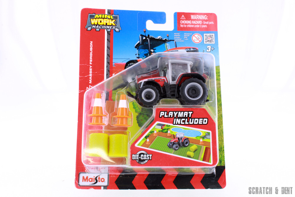 Mini Work Machines Massey Ferguson SS.265 Farm Tractor w/Playmat, cones, haystacks, Red - Maisto R-23746 - 3" Scale Diecast Model Toy Car
