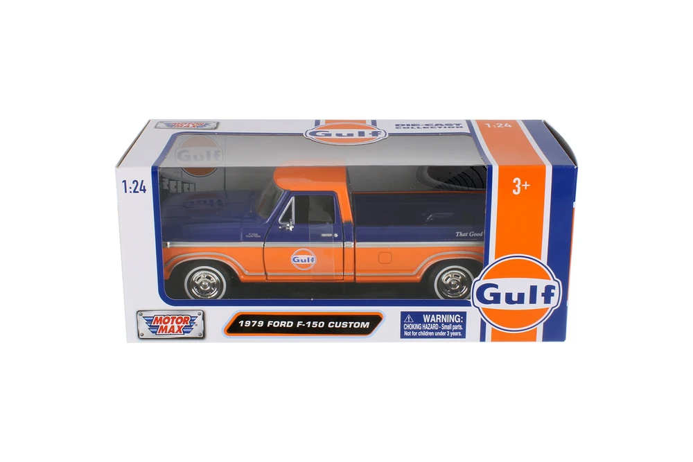 1979 Ford F-150 Custom Pickup Truck "Gulf", Dark Blue/Orange - Motor Max 79652 - 1/24 Scale Diecast Model Toy Car