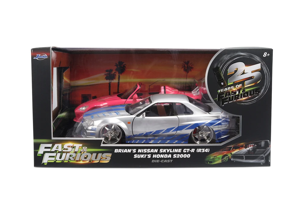 Twin Pack Brian's Nissan Skyline GT-R (R34) & Suki's Honda S2000, Fast & Furious - Jada Toys 37543 - 1/24 Scale Diecast Model Toy Car