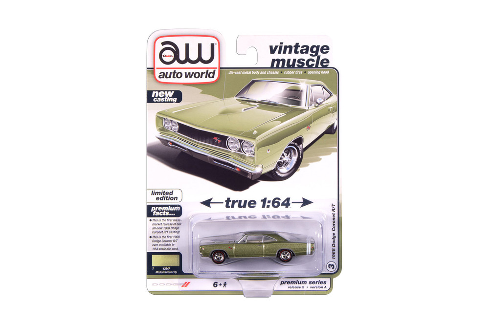 1968 Dodge Coronet R/T, Medium Green - Auto World AW64512/48A - 1/64 Scale Diecast Model Toy Car