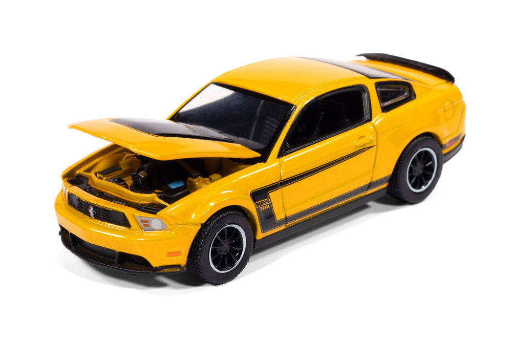 2012 Ford Mustang Boss 302, Yellow Blaze w/Black Accents - Auto World AW64502/12A - 1/64 Scale Diecast Model Toy Car