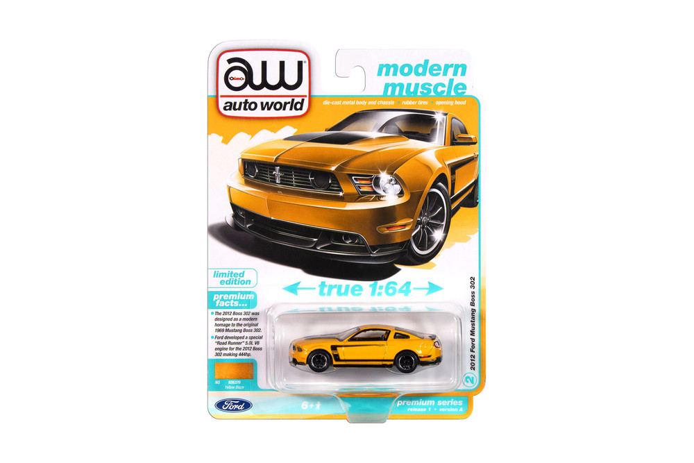 2012 Ford Mustang Boss 302, Yellow Blaze w/Black Accents - Auto World AW64502/12A - 1/64 Scale Diecast Model Toy Car