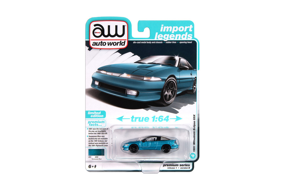 1991 Mitsubishi Eclipse GSX, Tennessee Blue - Auto World AW64502/12B - 1/64 Scale Diecast Model Toy Car