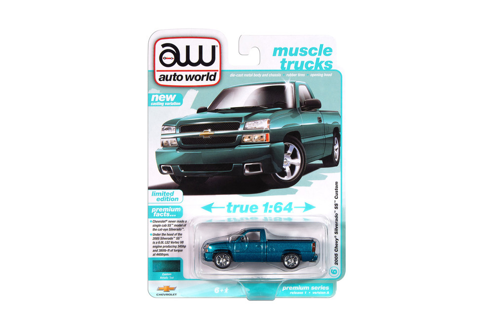 2005 Chevy Silverado SS Custom, Teal Turquoise - Auto World AW64502/12A - 1/64 Scale Diecast Model Toy Car