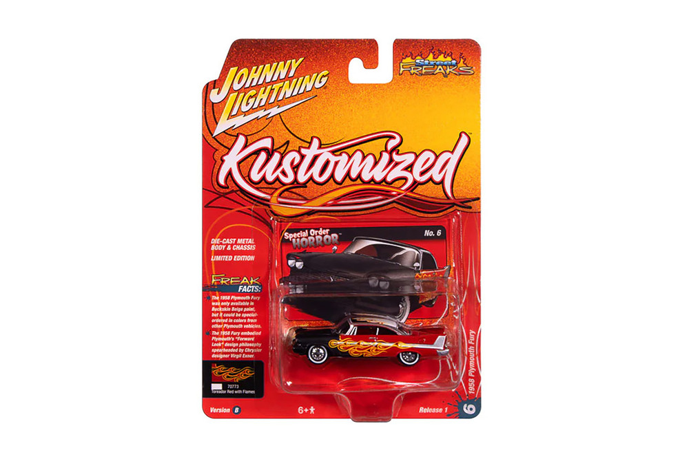 1958 Plymouth Fury (Kustomized), Flat Black w/Flames - RC2 JLSF027/48A - 1/64 Sale Diecast Model Toy Car