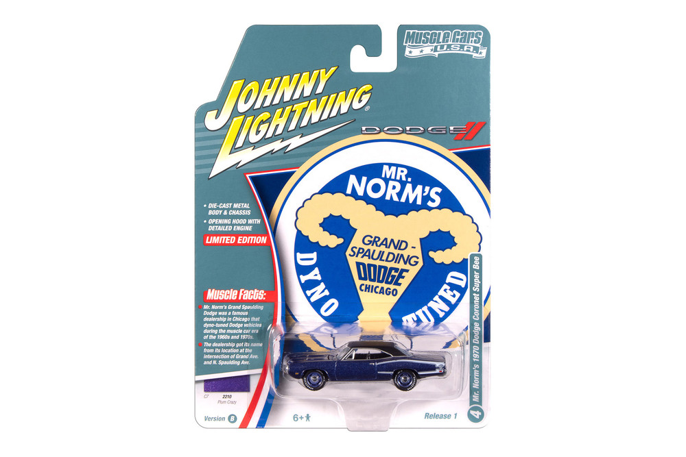 Mr. Norm's 1970 Dodge Coronet Super Bee, Plum Crazy Purple w/Black Roof - Johnny Lightning JLMC034/48B - 1/64 Scale Diecast Model Toy Car