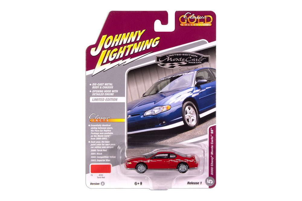 2000 Chevy Monte Carlo SS, Torch Red w/Silver Checkered Side - Johnny Lightning JLCG033/48A - 1/64 Scale Diecast Model Toy Car