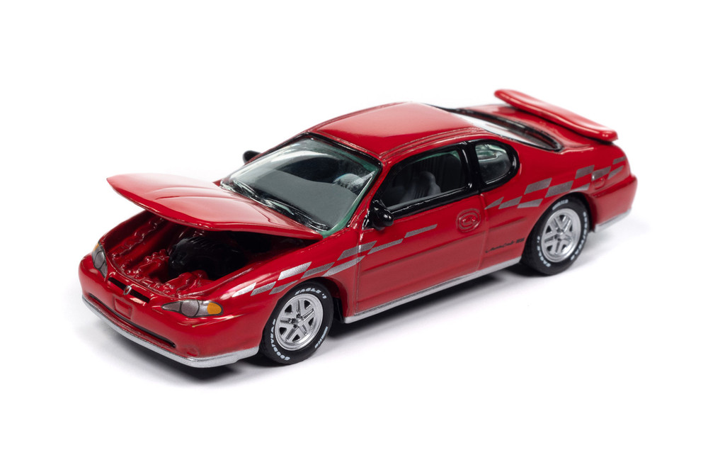2000 Chevy Monte Carlo SS, Torch Red w/Silver Checkered Side - Johnny Lightning JLCG033/48A - 1/64 Scale Diecast Model Toy Car