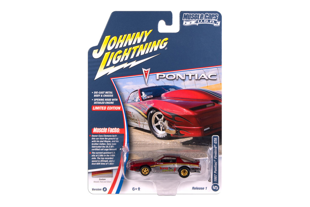 1987 Pontiac Firebird GTA, Metallic Red w/Race Graphics - Johnny Lightning JLMC034/48A - 1/64 Scale Diecast Model Toy Car