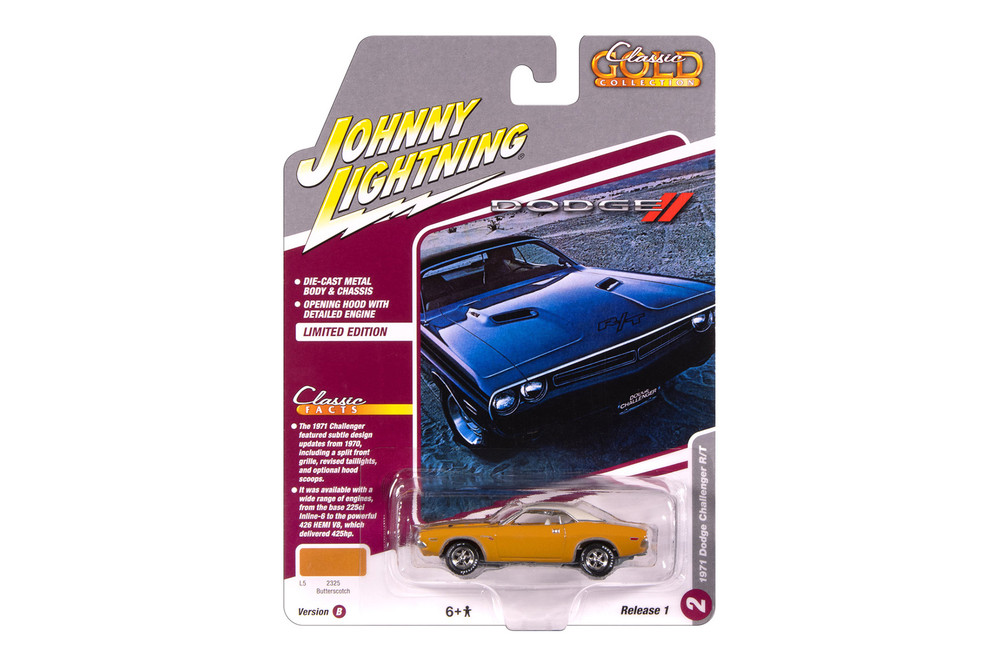 1971 Dodge Challenger R/T, Butterscotch Orange w/White Top - Johnny Lightning JLCG033/48B - 1/64 Scale Diecast Model Toy Car
